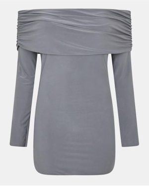 Missy Empire Fold Down Long Sleeve Bardot Dress - Grey