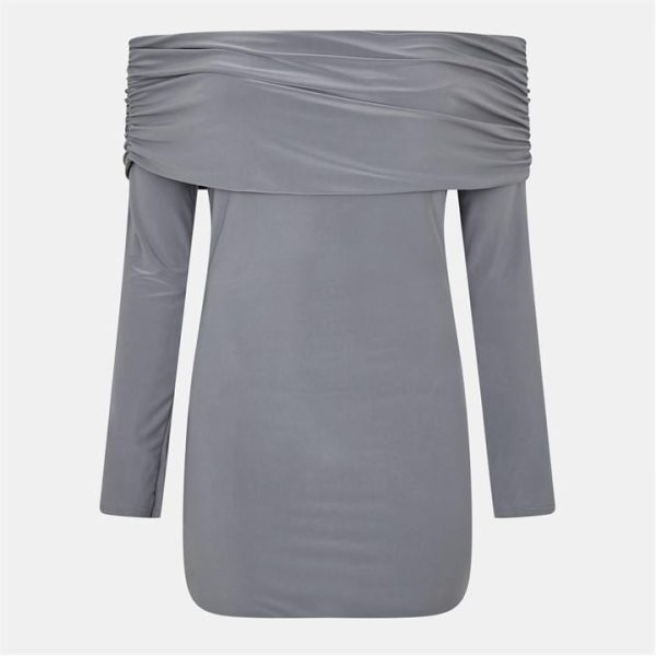Missy Empire Fold Down Long Sleeve Bardot Dress - Grey