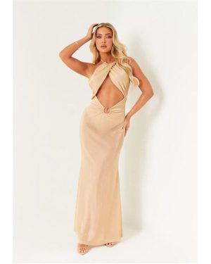 Missy Empire Halter Neck Cut Out Maxi Dress - Gold