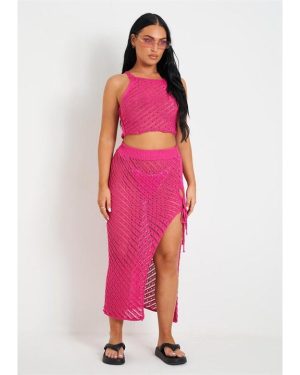 Missy Empire Knit Beach Crop Top And Midi Skirt Set - Pink