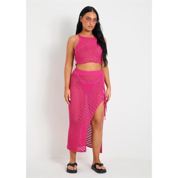 Missy Empire Knit Beach Crop Top And Midi Skirt Set - Pink