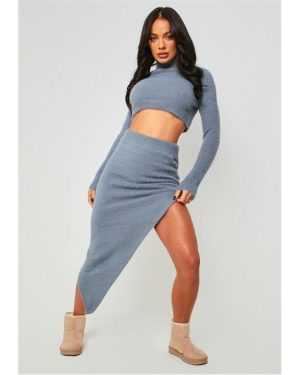 Missy Empire Knit Side Split Midi Skirt - Grey