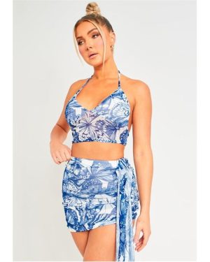 Missy Empire Print Halter Neck Mesh Top - Blue