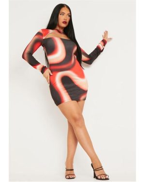 Missy Empire Slinky Cut Out Long Sleeve Mini Dress - Red