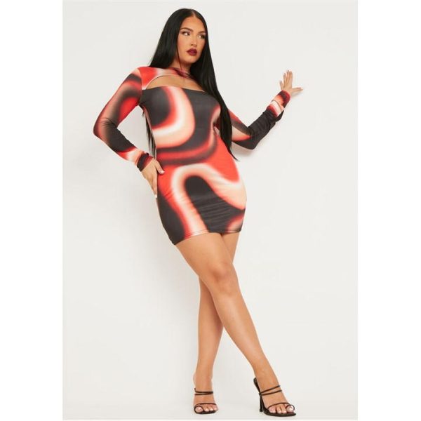 Missy Empire Slinky Cut Out Long Sleeve Mini Dress - Red
