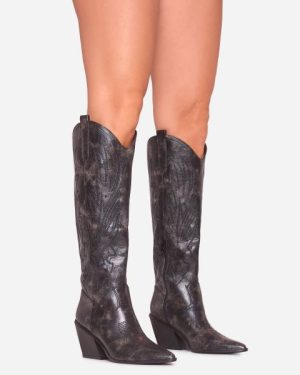 Misty Embroidered Laser Detail Pointed Toe Knee High Western Cowboy Boot In Black Washed Faux Leather, Women's Size UK 8
