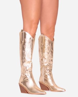 Misty Embroidered Laser Detail Pointed Toe Knee High Western Cowboy Boot In Gold Faux Leather, Women's Size UK 8