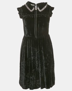Miu Miu Black Embellished Velvet Ruffled Mini Dress S