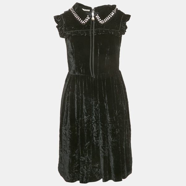 Miu Miu Black Embellished Velvet Ruffled Mini Dress S