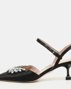 Miu Miu Black Satin Crystal Embellished Kitten Heel Ankle Strap Pumps Size 36.5