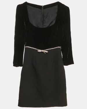Miu Miu Black Velvet and Wool Crystal Bow Detail Mini Dress XS