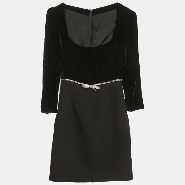 Miu Miu Black Velvet and Wool Crystal Bow Detail Mini Dress XS