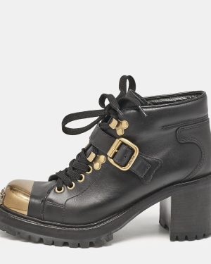 Miu Miu Black lLather Block Heel Ankle Combat Boots Size 36