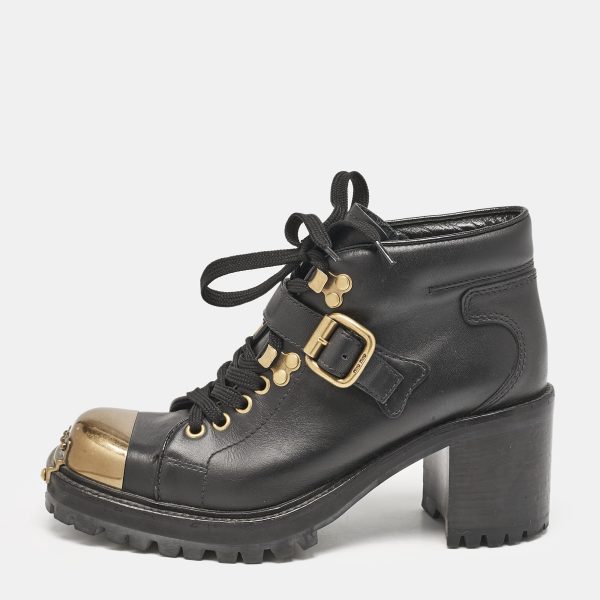 Miu Miu Black lLather Block Heel Ankle Combat Boots Size 36