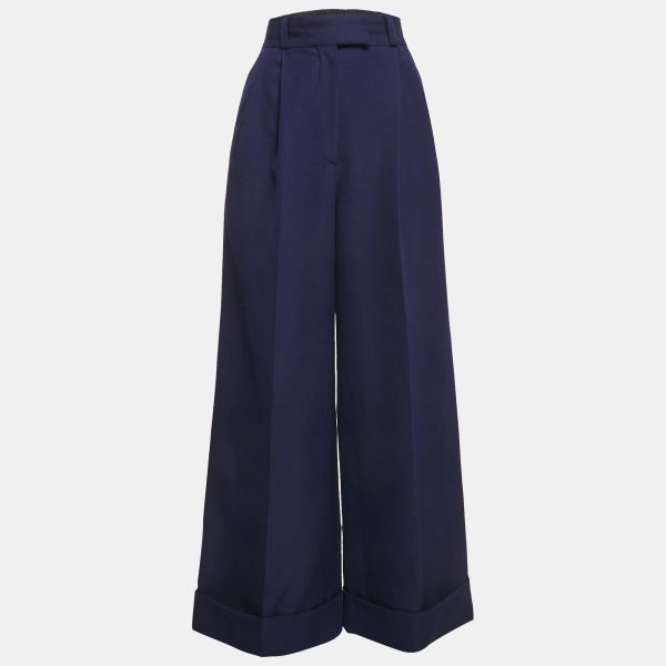 Miu Miu Blue Wool Drill Wide-Leg Pleated Trousers XS