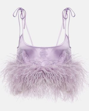 Miu Miu Feather-trimmed logo satin crop top