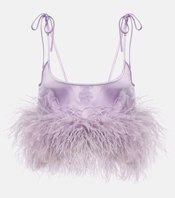 Miu Miu Feather-trimmed logo satin crop top