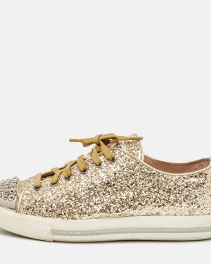 Miu Miu Gold Coarse Glitter Metal Cap Toe Low Top Sneakers Size 37.5