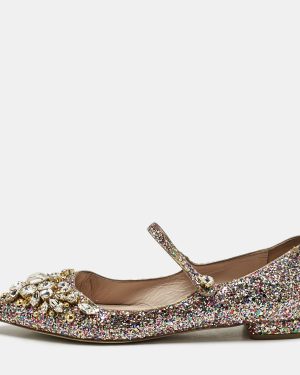 Miu Miu Multicolor Glitter Mary Jane Crystals Ballet Flats Size 37.5