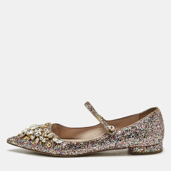 Miu Miu Multicolor Glitter Mary Jane Crystals Ballet Flats Size 37.5