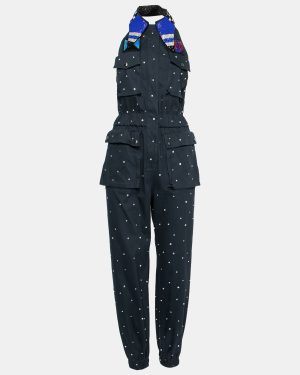 Miu Miu Navy Blue Embellished Cotton Bead Embroidered Halter Neck Jumpsuit S