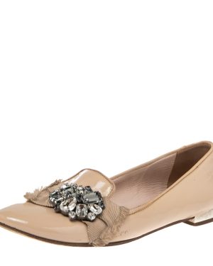 Miu Miu Nude Patent Leather Crystals Bow Ballet Flats Size 37