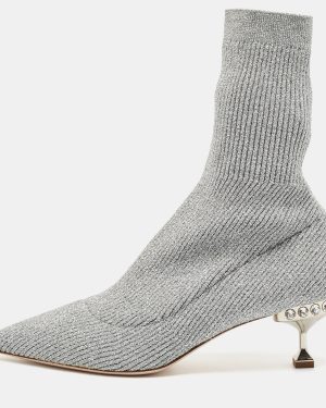 Miu Miu Silver Metallic Knit Fabric Crystal Embellished Sock Boots Size 41
