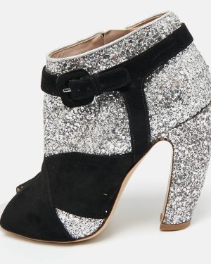 Miu Miu Silver/Black Glitter and Suede Peep-Toe Ankle Boots Size 36