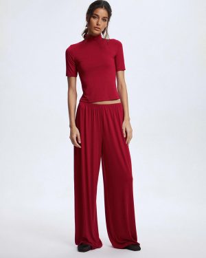 Modal Two-Piece Set Crew Neck Short-sleeved Top And Wide-leg Pants For Women 2025
