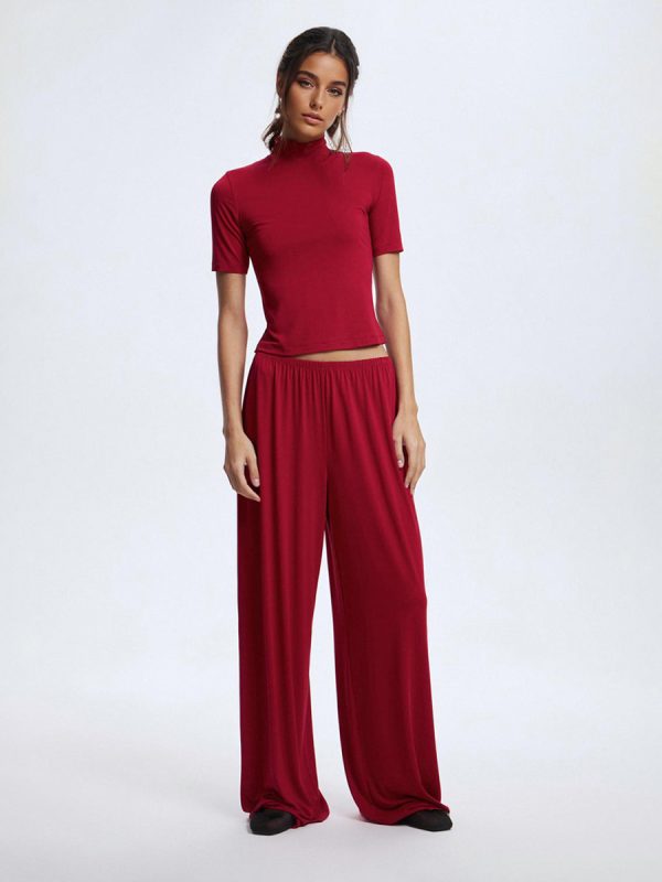 Modal Two-Piece Set Crew Neck Short-sleeved Top And Wide-leg Pants For Women 2025
