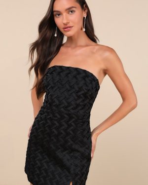 Modern Event Black Woven Texture Strapless Bodycon Mini Dress