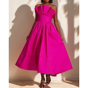 Moire A-Line Cocktail Dresses Elegant Dress Formal Semi Formal Wedding Tea Length Midi Length Sleeveless Strapless Satin Ruffles with Pockets 2025