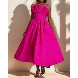 Moire A-Line Cocktail Dresses Elegant Dress Formal Semi Formal Wedding Tea Length Midi Length Sleeveless Strapless Satin Ruffles with Pockets 2025