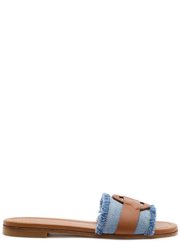 Moncler Bell Denim and Leather Sliders - Blue - 36 (IT36 / UK3)