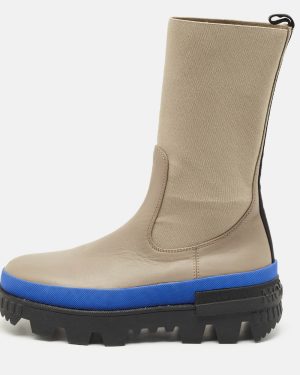 Moncler Grey Stretch Fabric and Leather Neue Chelsea Boots Size 38