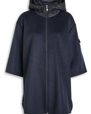 Moncler Hooded Shell and Wool-blend Cape Coat - Blue Dark - One Size