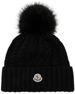 Moncler Pompom Cable-knit Wool-blend Beanie - Black