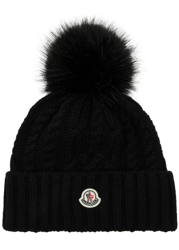 Moncler Pompom Cable-knit Wool-blend Beanie - Black