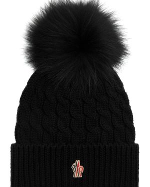 Moncler Women's Black Pompom Cable-knit 100% Wool Beanie - Ribbed Turn-up Cuffs - One Size
