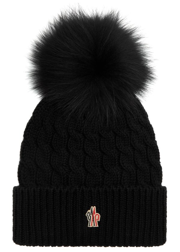 Moncler Women's Black Pompom Cable-knit 100% Wool Beanie - Ribbed Turn-up Cuffs - One Size