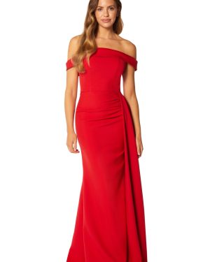 Monica Off Shoulder Maxi Dress Pleated Side Skirt Drape, UK 18 / US 14 / EU 46 / Red