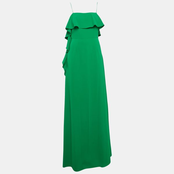 Monique Lhuillier Green Crepe Ruffled Maxi Slip Dress M