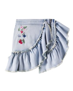 Monnalisa Distressed patch-applique ruffled denim skirt