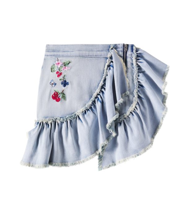Monnalisa Distressed patch-applique ruffled denim skirt