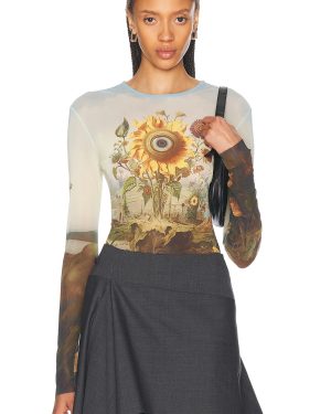 Monse Printed Mesh Top in Sunflower Print - Baby Blue. Size L (also in S, XS).