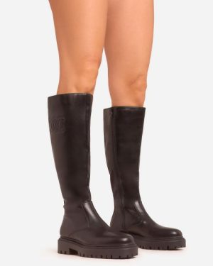 Montey Side Logo Detail Chunky Sole Knee High Long Boot In Black Faux Leather, Women's Size UK 3