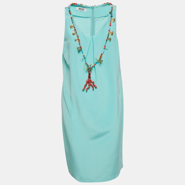 Moschino Cheap and Chic Blue Cotton Blend Embellished Neck Shift Dress L