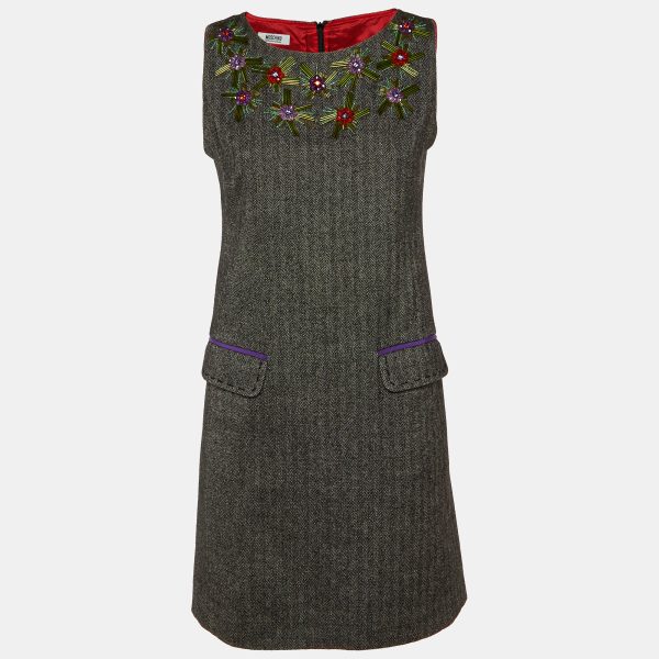 Moschino Cheap and Chic Charcoal Grey Patterned Embellished Shift Dress M
