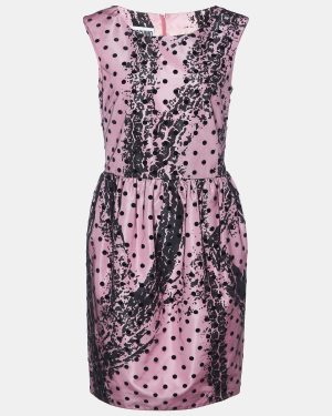 Moschino Couture Pink Printed Satin & Polka Dot Tulle Sleeveless Sheath Dress M