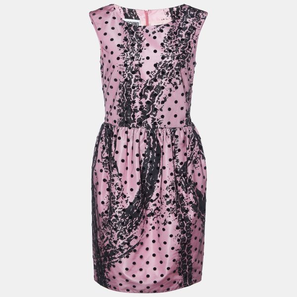 Moschino Couture Pink Printed Satin & Polka Dot Tulle Sleeveless Sheath Dress M